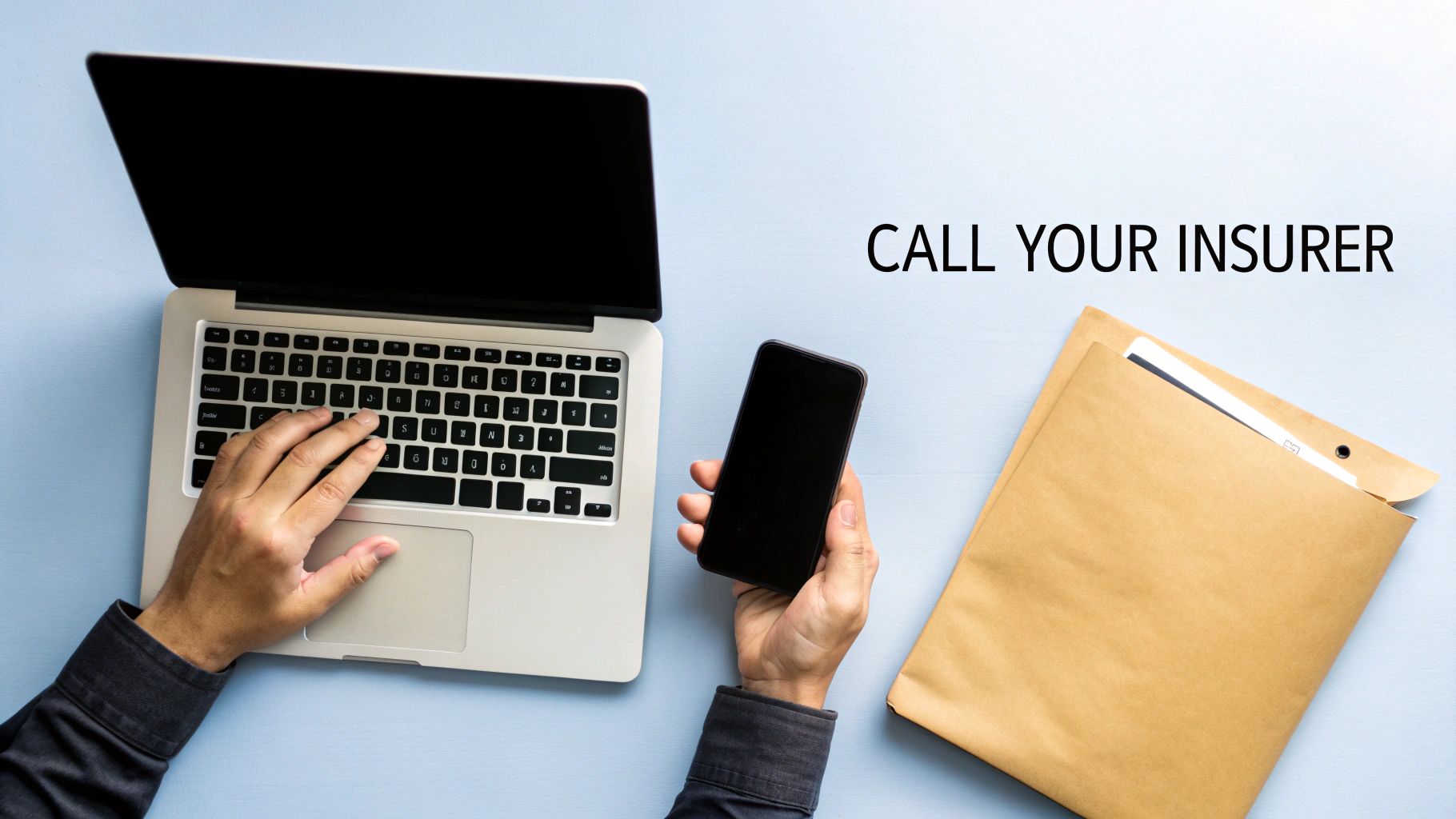 Overhead view of a person typing on a laptop, holding a phone, with an envelope and text 'CALL YOUR INSURER'.