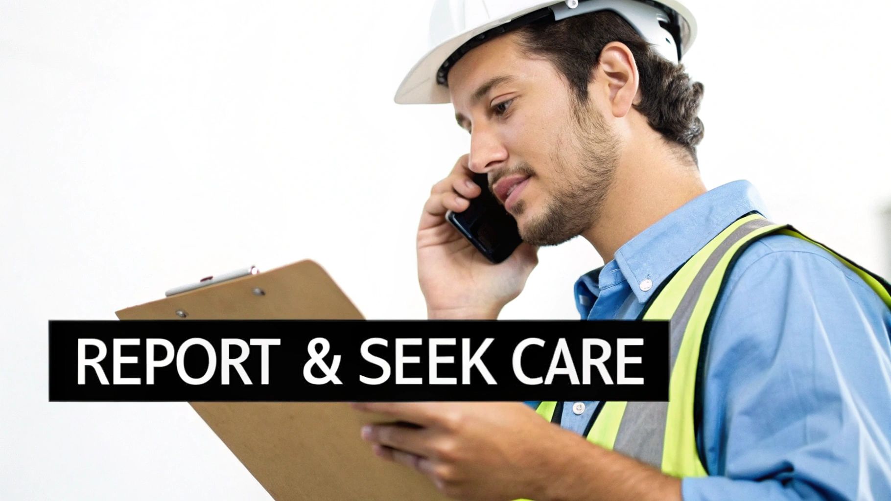 A construction worker in a hard hat and safety vest talking on the phone and holding a clipboard, with text 'REPORT & SEEK CARE'.