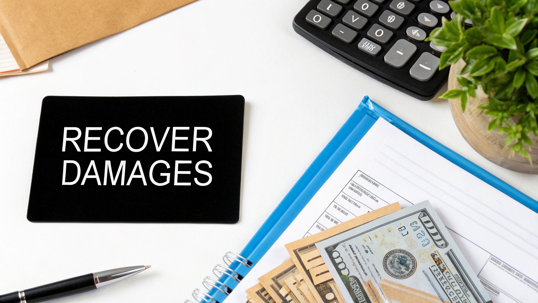 A black card on a white desk displays 'RECOVER DAMAGES' near a calculator, money, and legal documents.