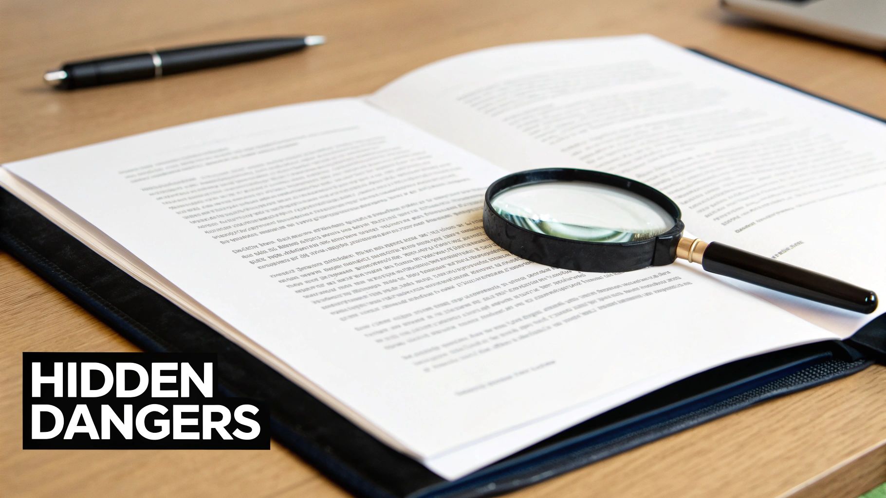 Magnifying glass on legal document revealing hidden dangers in contract terms and conditions