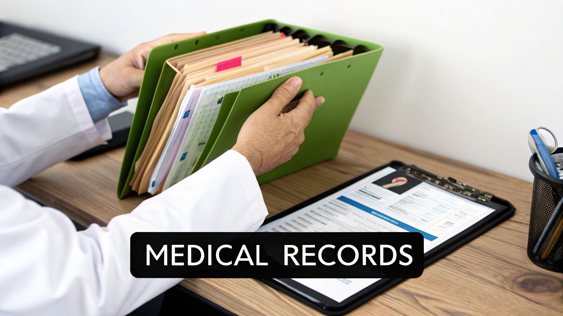 A medical professional reviewing patient files and X-rays with a colleague.