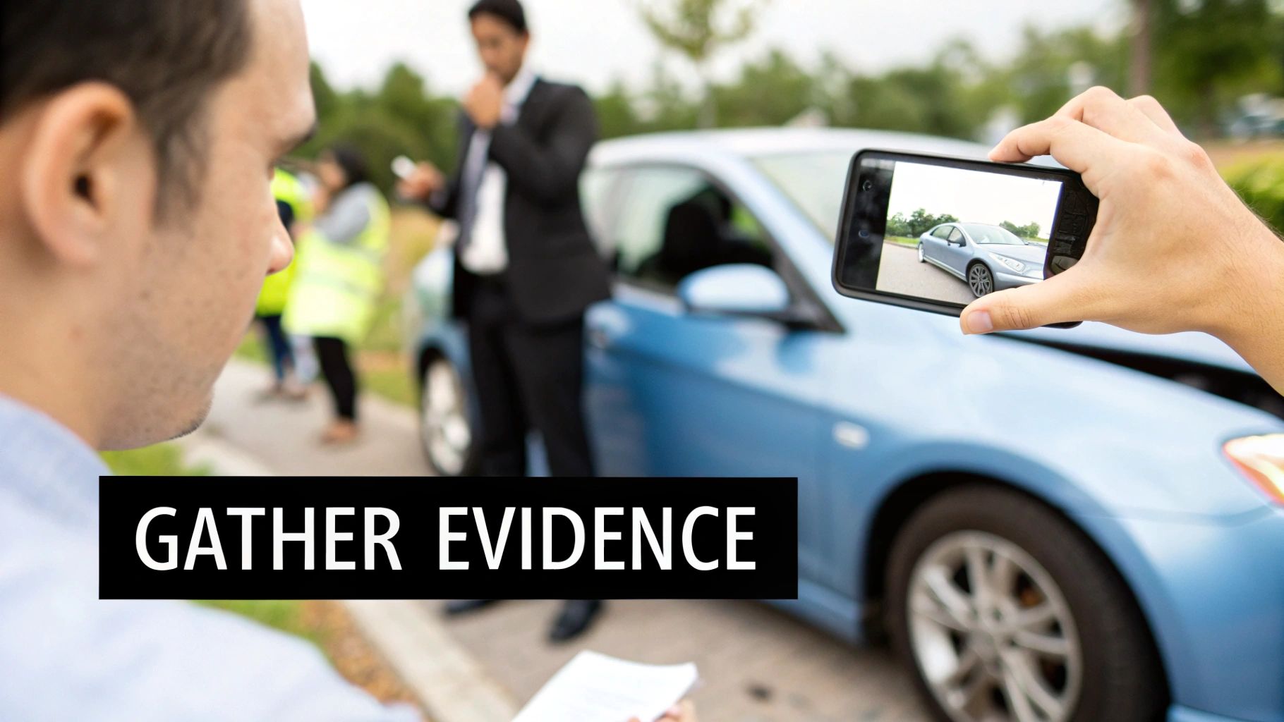 A person taking a photo of car damage with their smartphone after a rental car accident.