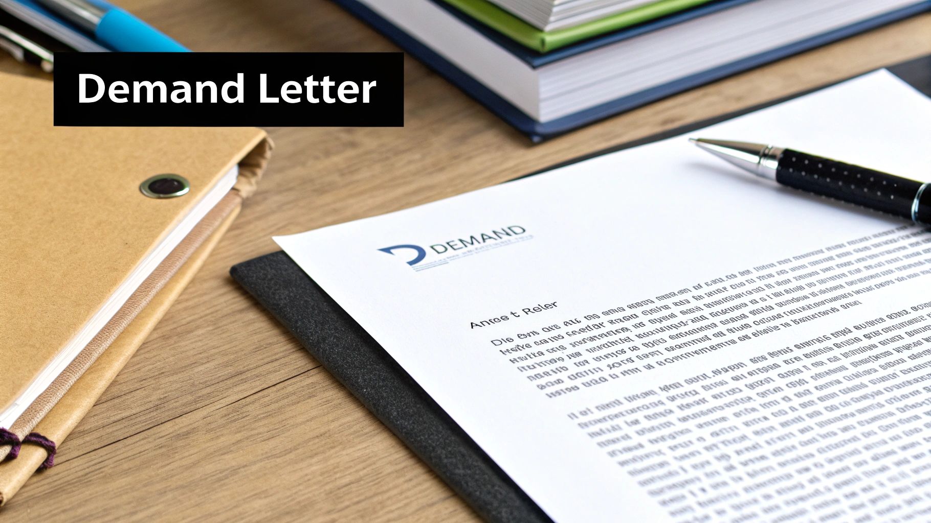 A close-up of a demand letter document on a wooden desk, with a pen and notebook.