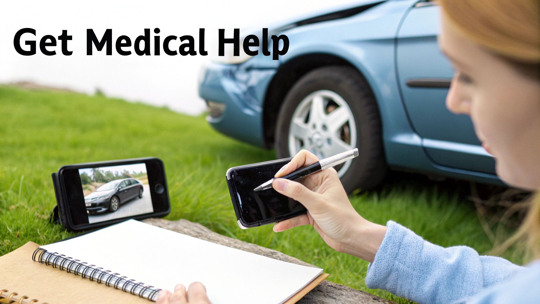 Person documenting car accident scene with smartphone and notebook after collision for insurance claim