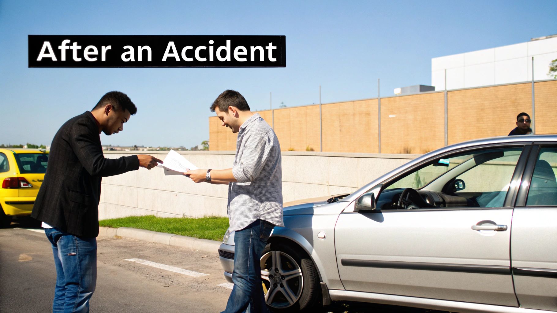 Two men exchange documents next to damaged cars after an accident on a sunny day.