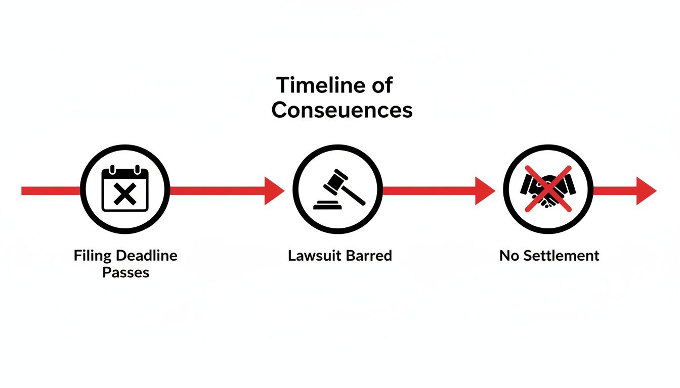 A timeline diagram showing the consequences of missing a filing deadline: Lawsuit Barred, No Settlement.