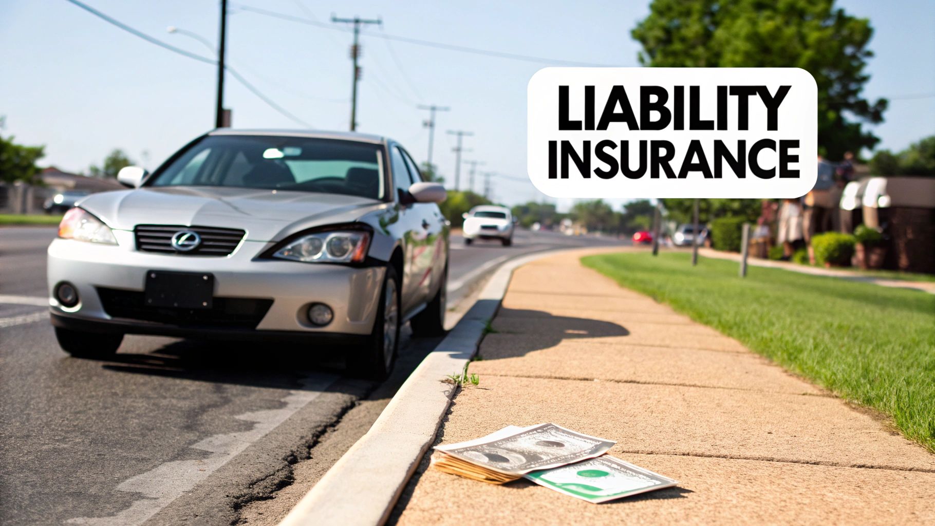 A damaged silver car parked on a street with money on the sidewalk and 'LIABILITY INSURANCE' text.