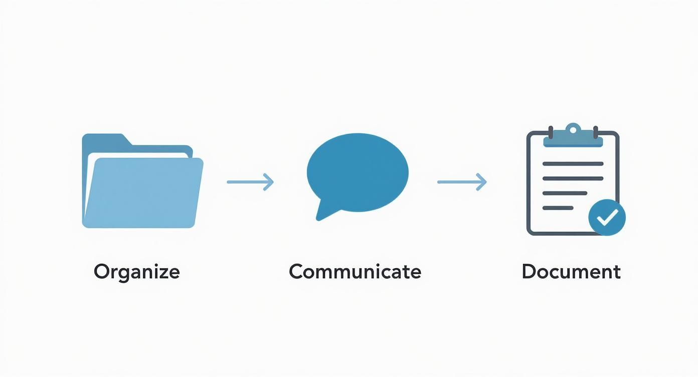 Infographic outlining the process of communicating with an insurance company, showing steps to organize, communicate, and document.