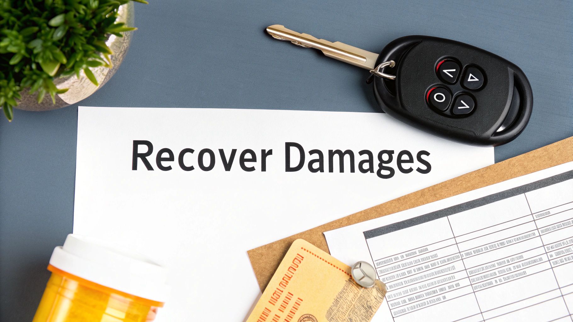 A paper with 'Recover Damages' text, a car key, and legal documents on a grey desk.