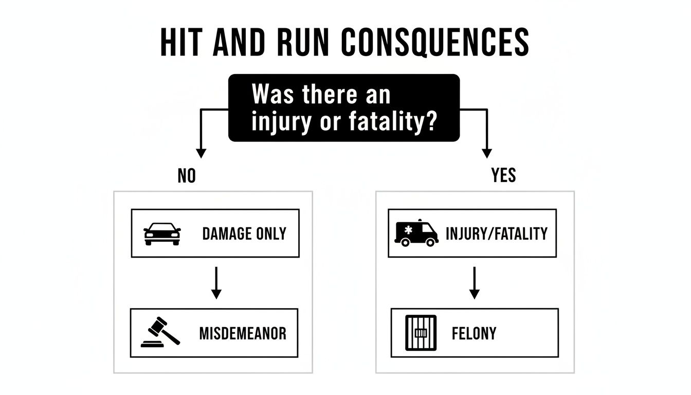 Flowchart illustrating hit and run legal consequences: damage only leads to a misdemeanor, injury or fatality results in a felony.