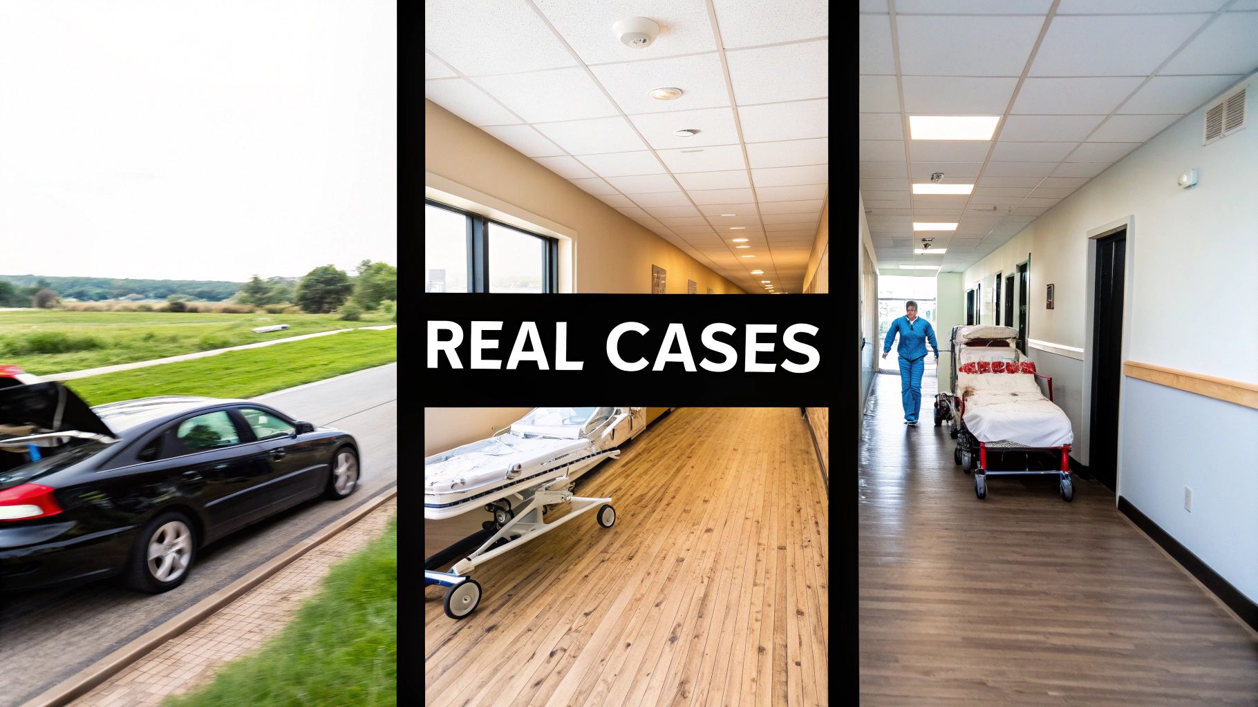 Collage of an accident scene and hospital hallways with medical stretchers, depicting 'REAL CASES'.