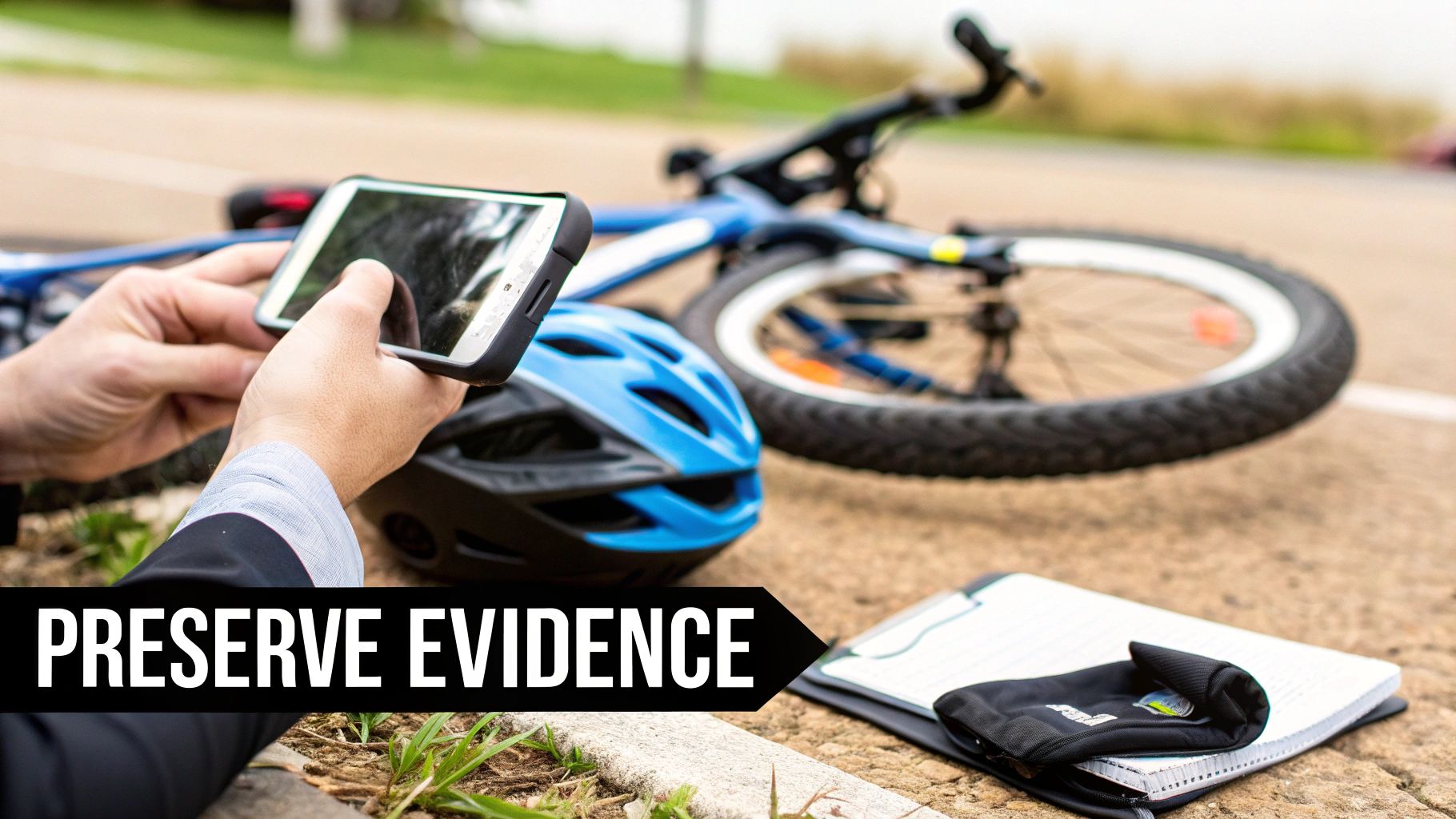 Person takes photos with smartphone at a bicycle accident scene with fallen bike, helmet, and notebook.