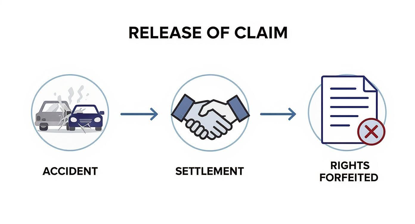 Visual diagram showing accident leading to settlement agreement resulting in release of claim and forfeited rights
