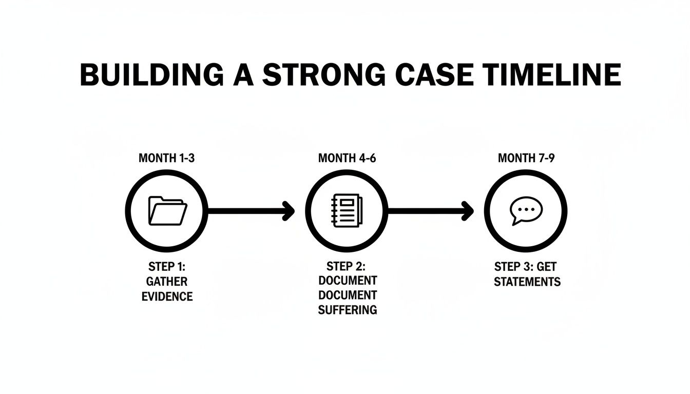 Timeline of three steps for building a strong case: gather evidence, document suffering, and get statements.