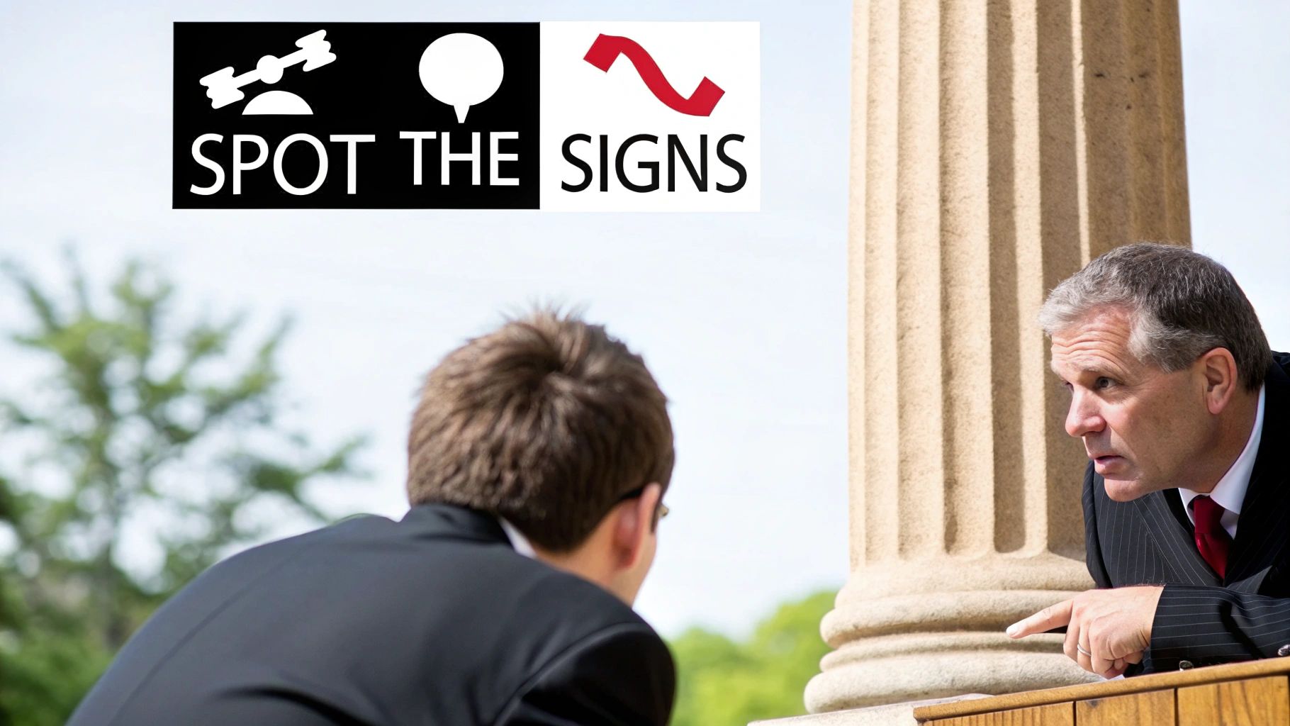 Older man points while speaking to another man, with a 'SPOT THE SIGNS' logo overhead.