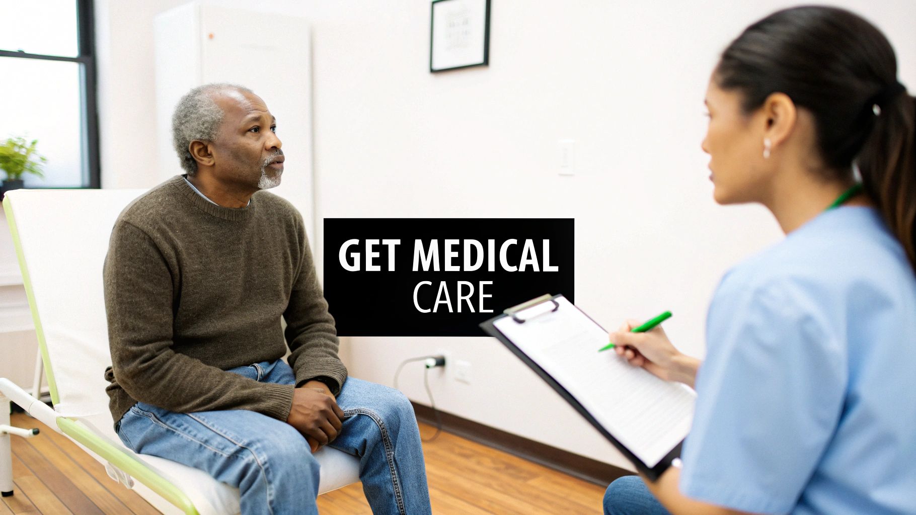 An older Black man sits on an examination table, listening to a doctor writing on a clipboard.