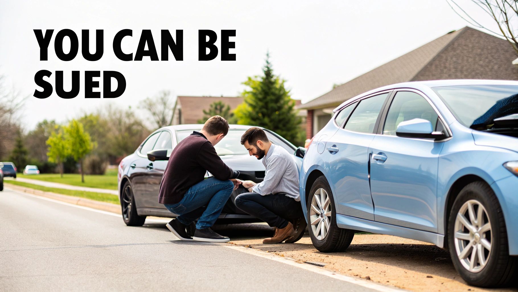Two men inspect minor damage on cars after a collision, with text 'YOU CAN BE SUED'.