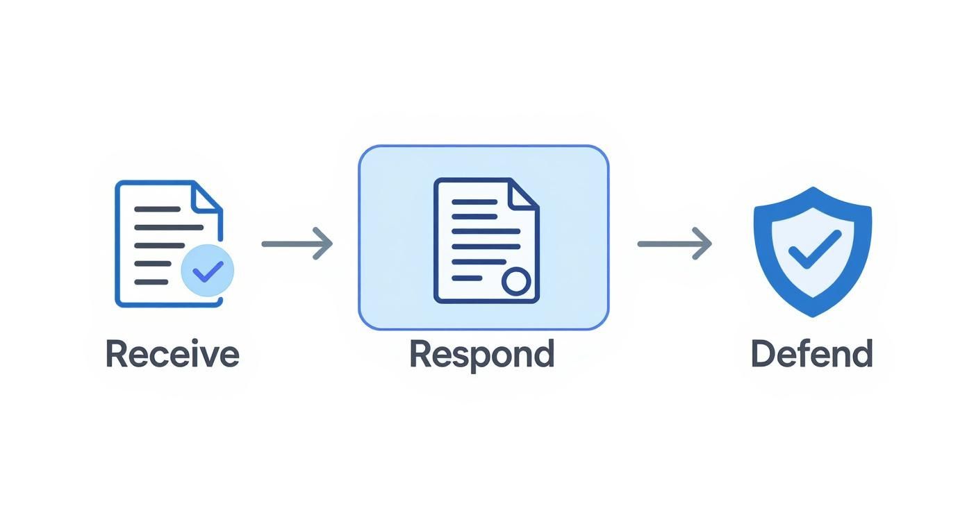 Legal process workflow diagram showing receive, respond, and defend stages with document and shield icons