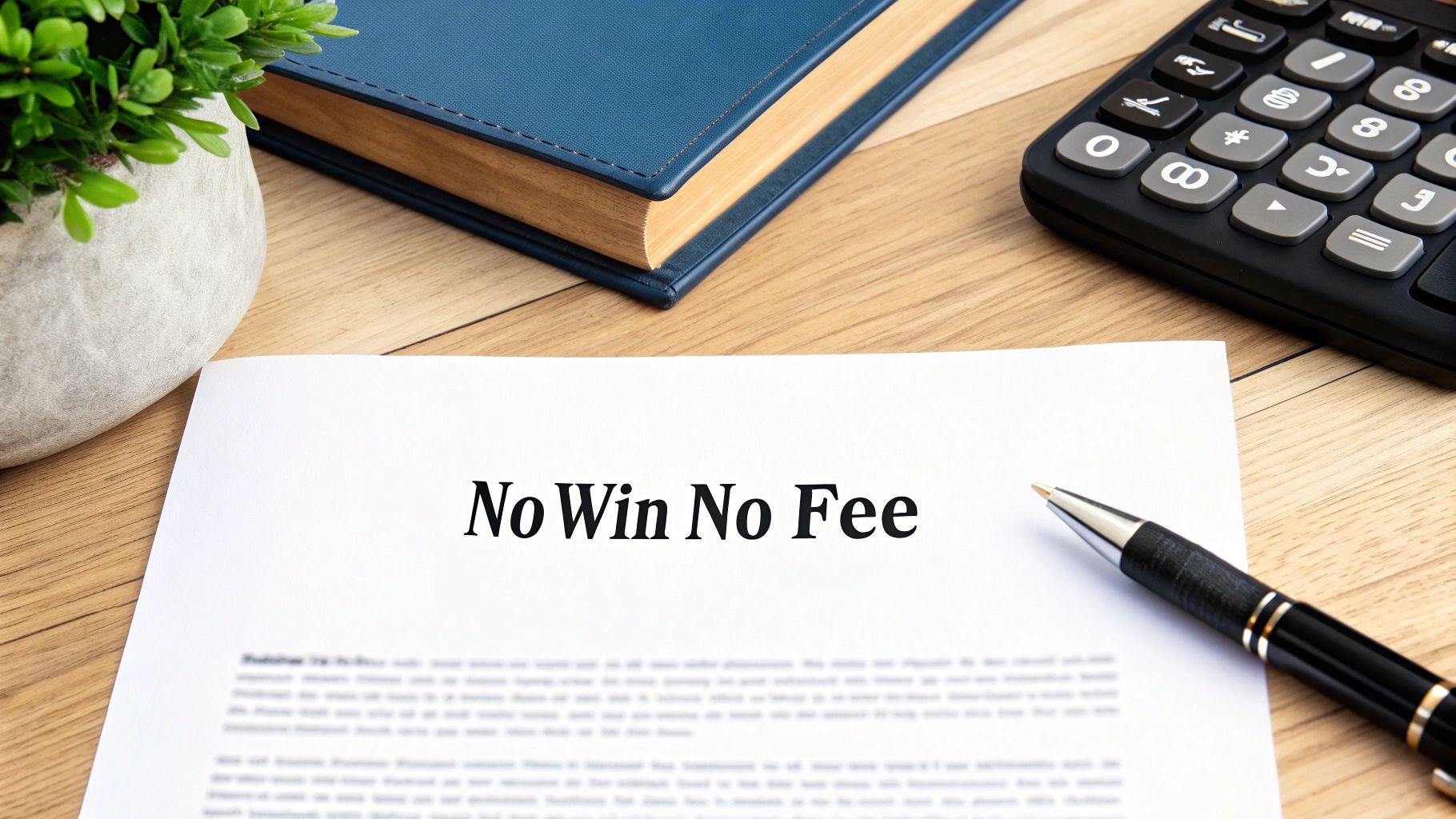 A document titled 'No Win No Fee' on a wooden desk with a pen, calculator, plant, and book.