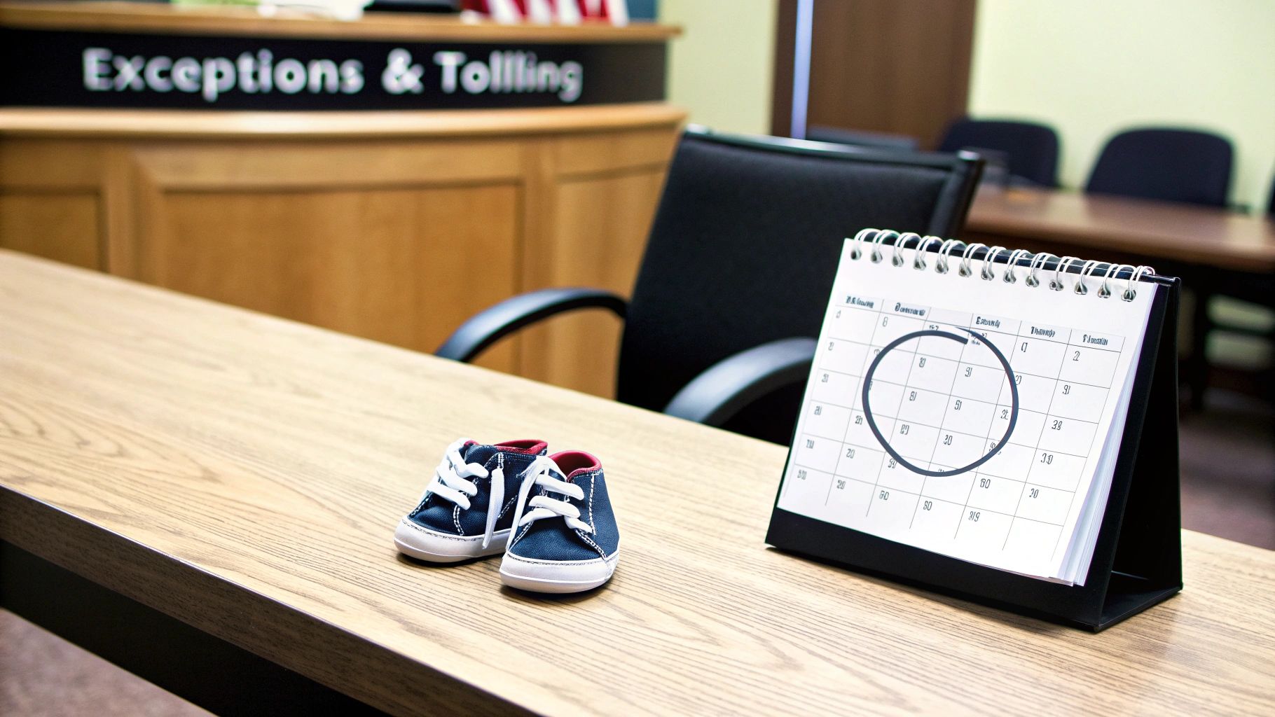 A pair of baby shoes and a calendar with circled dates on a wooden office desk.