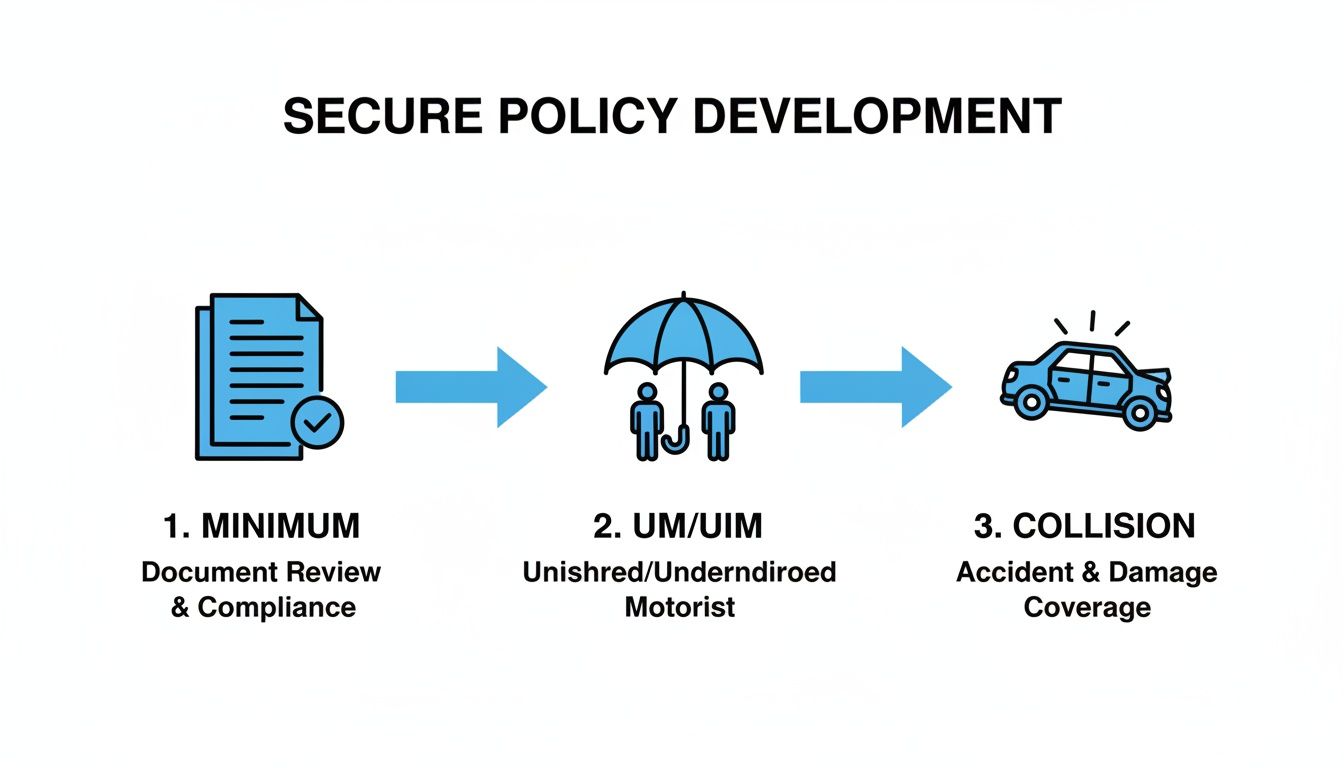 Infographic outlining three steps for secure auto insurance policy development, from review to collision coverage.