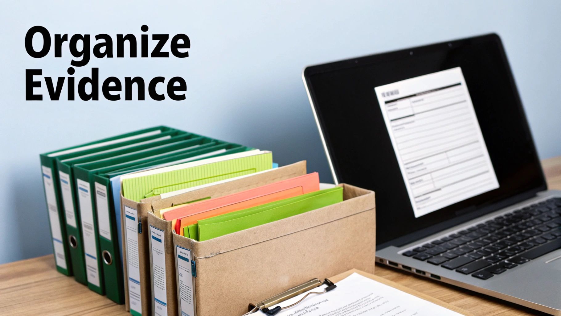 A person organizing documents, photos, and files on a large table.