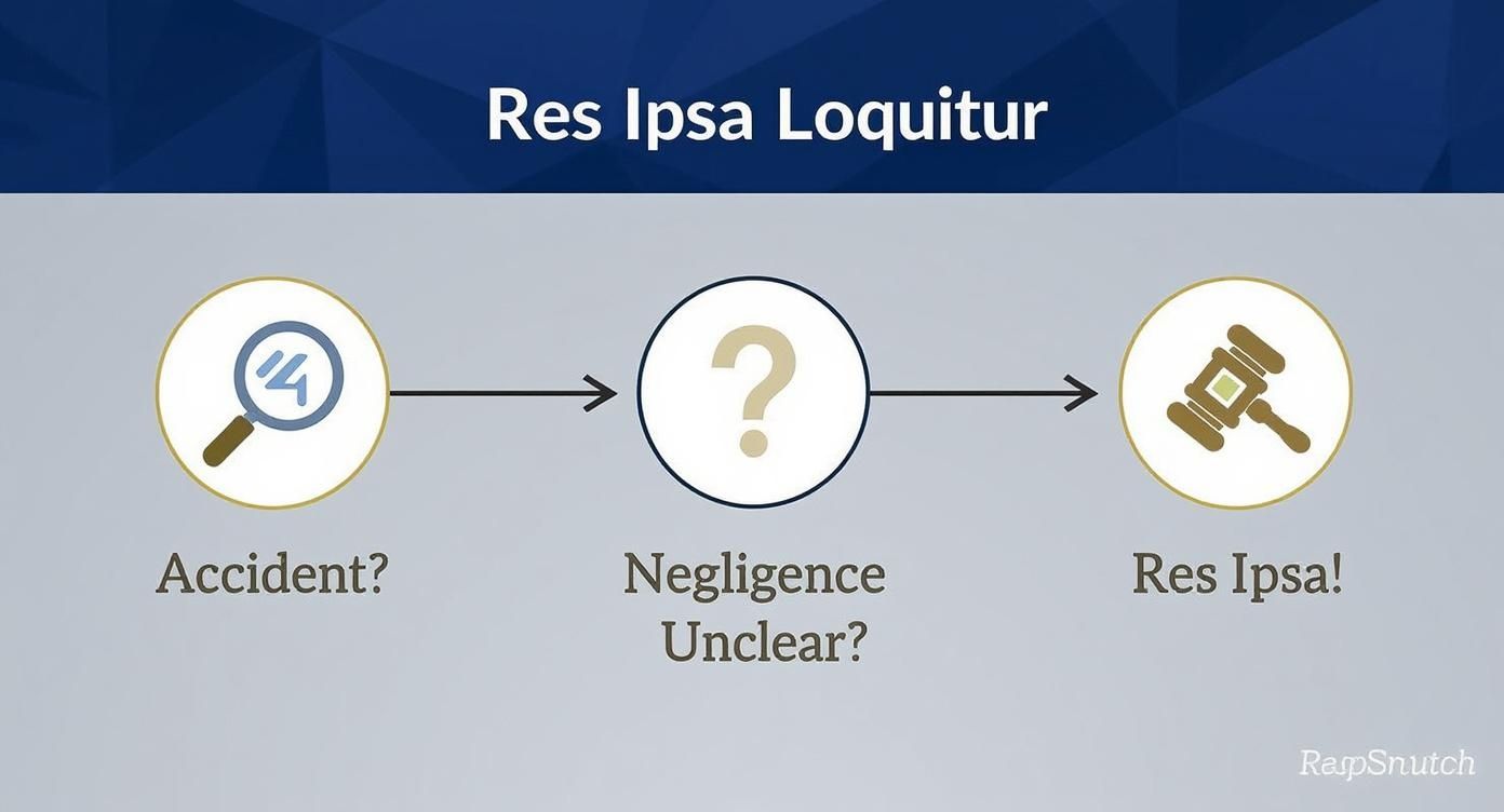 Infographic decision tree explaining the steps of res ipsa loquitur, starting with 'Accident?', then 'Negligence Unclear?', and ending with 'Res Ipsa!'