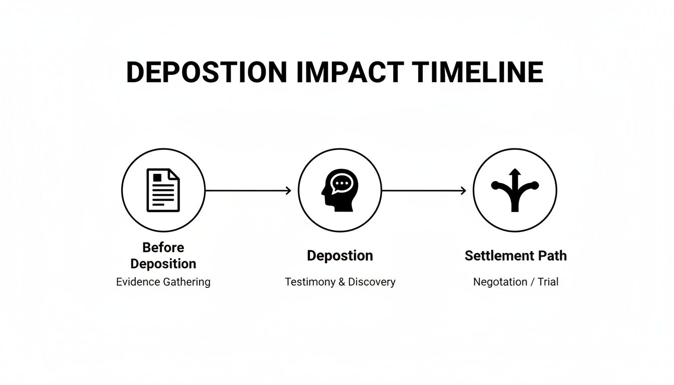 A timeline diagram illustrating the deposition process, from evidence gathering to settlement path.