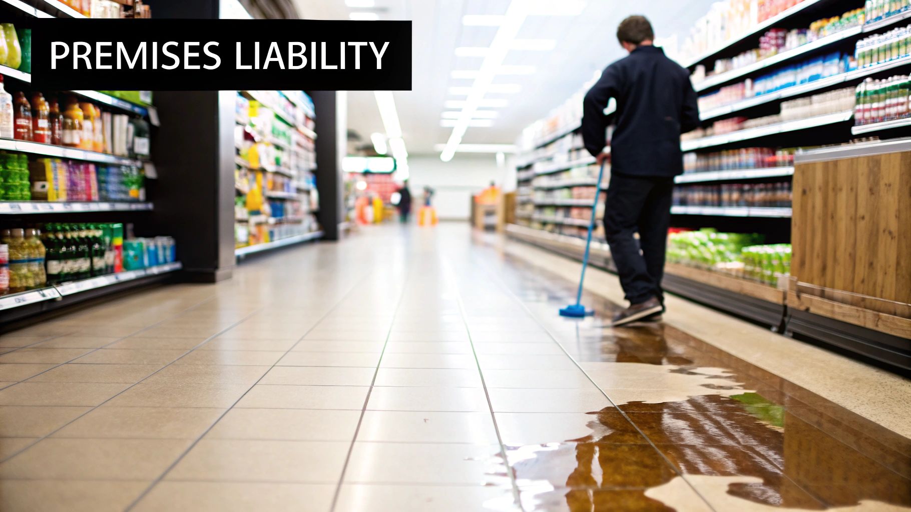 A yellow wet floor sign on a tiled floor, representing a potential hazard in a premises liability case.