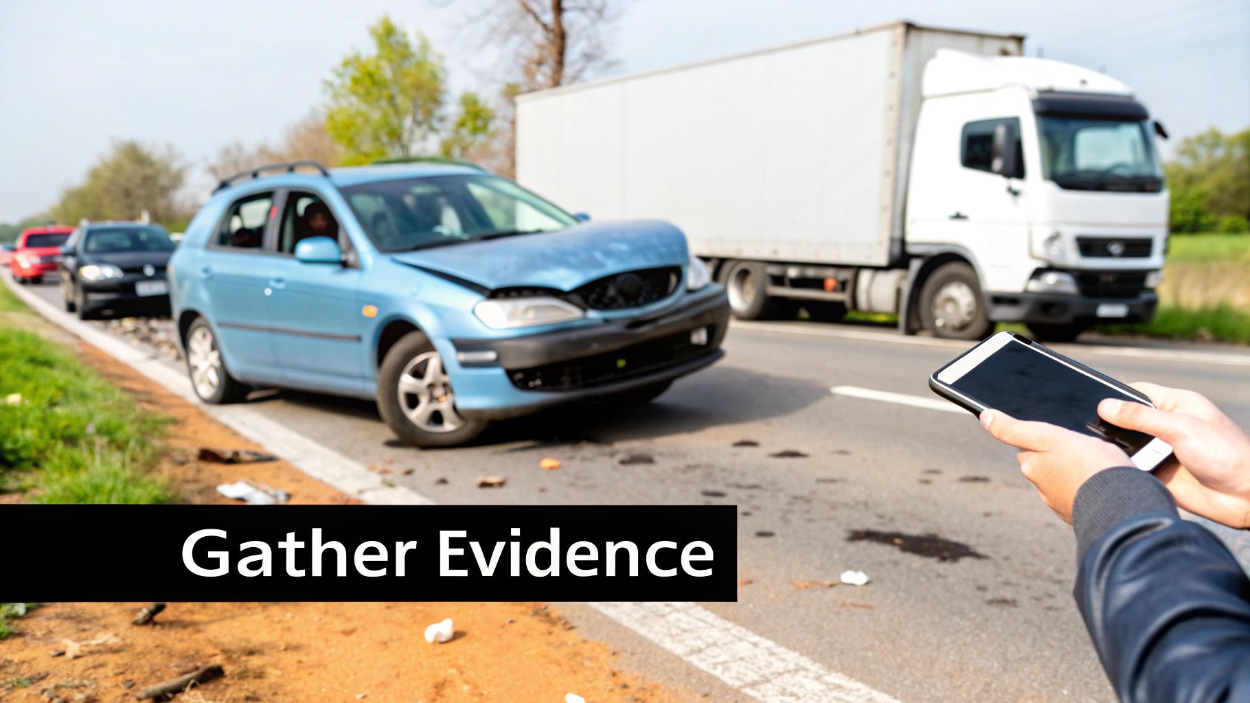 Hands holding a smartphone photographing a serious car accident involving a blue car and a large truck.