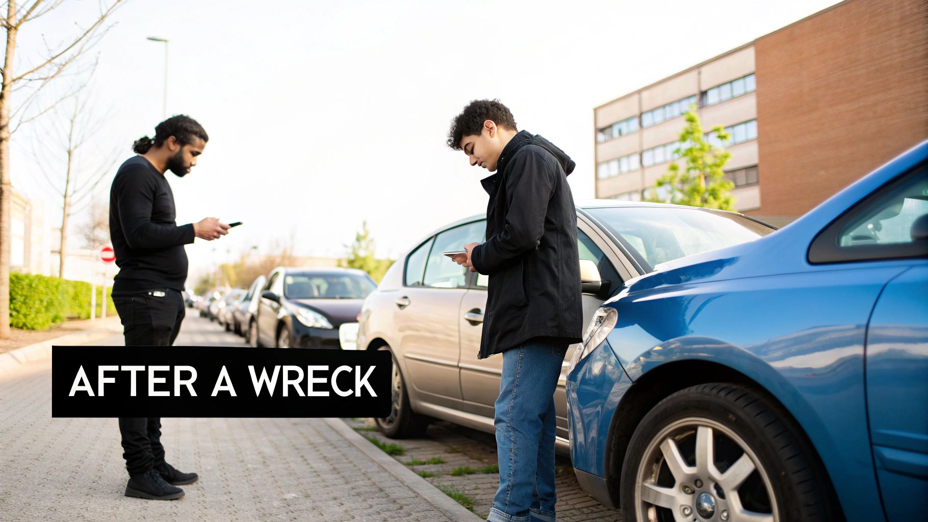 Two men stand by cars, looking at their phones, possibly after a car accident or wreck.