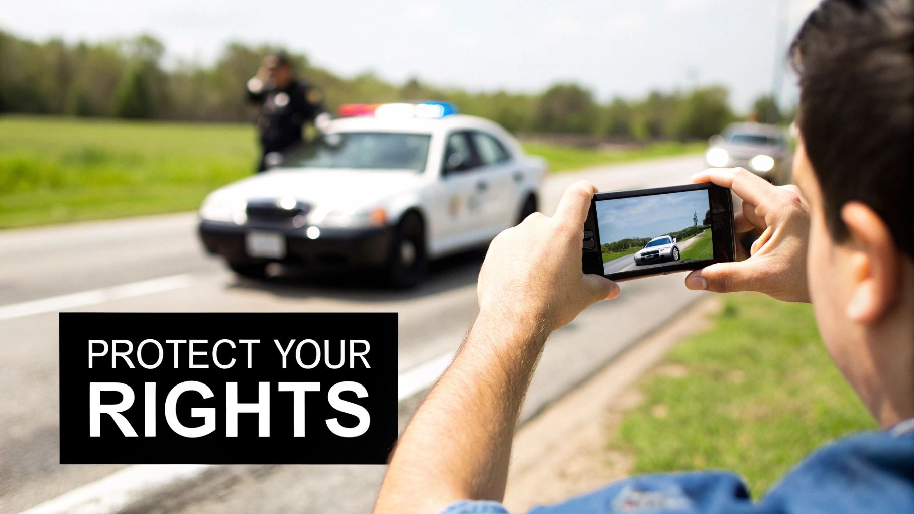 Person holding a phone recording a police car and officer, with 'PROTECT YOUR RIGHTS' overlay.