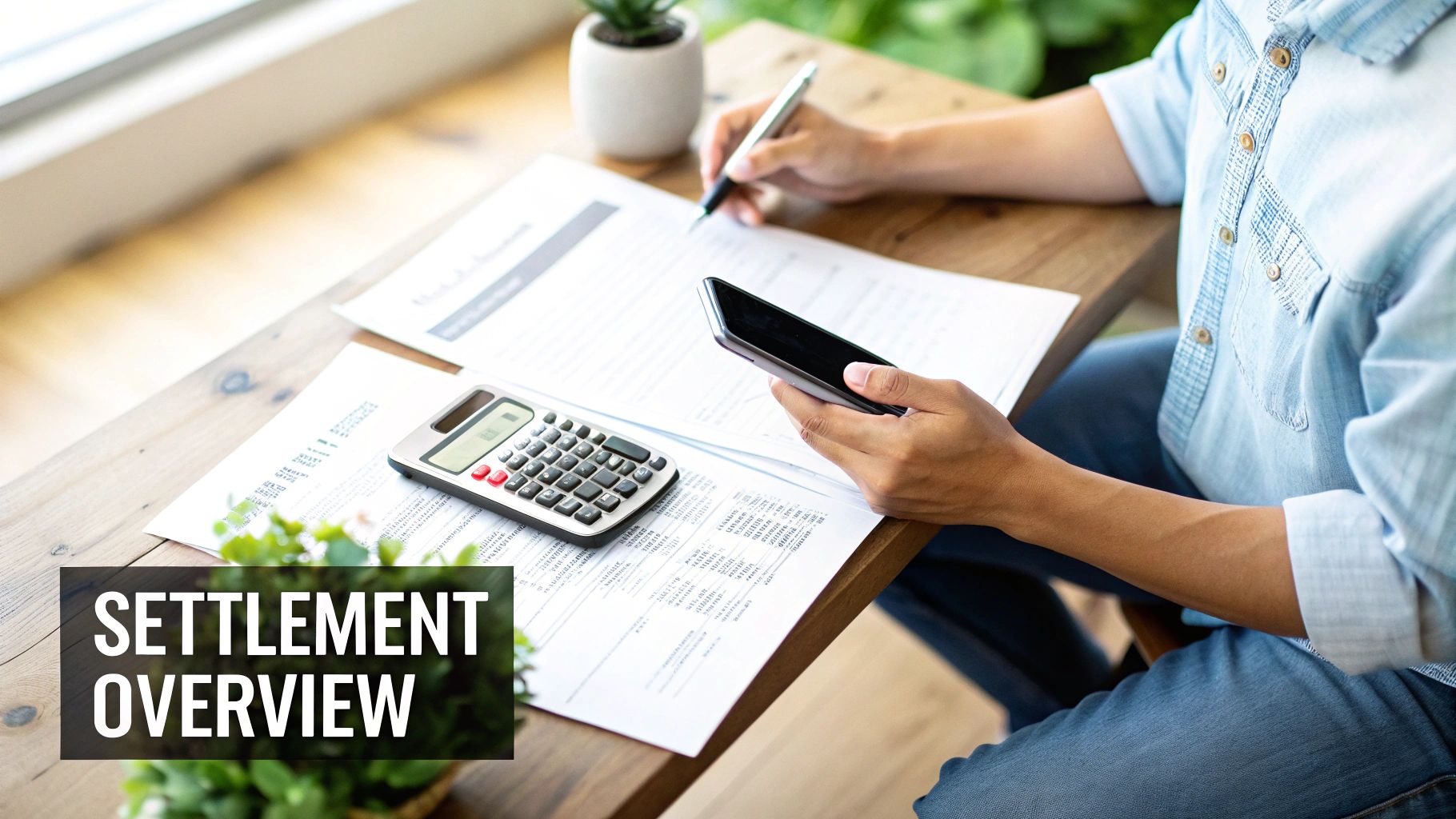 A person reviews settlement documents with a calculator and phone on a wooden desk.