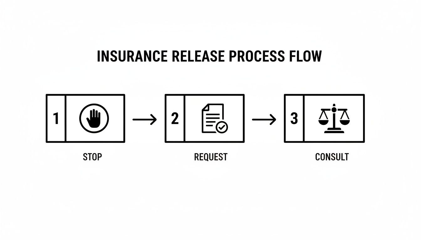 A diagram illustrating a three-step insurance release process flow: Stop, Request, and Consult.