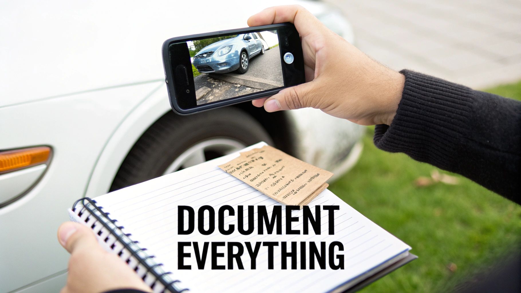 Person photographs a car with a smartphone and notebook, emphasizing 'DOCUMENT EVERYTHING' for an incident.