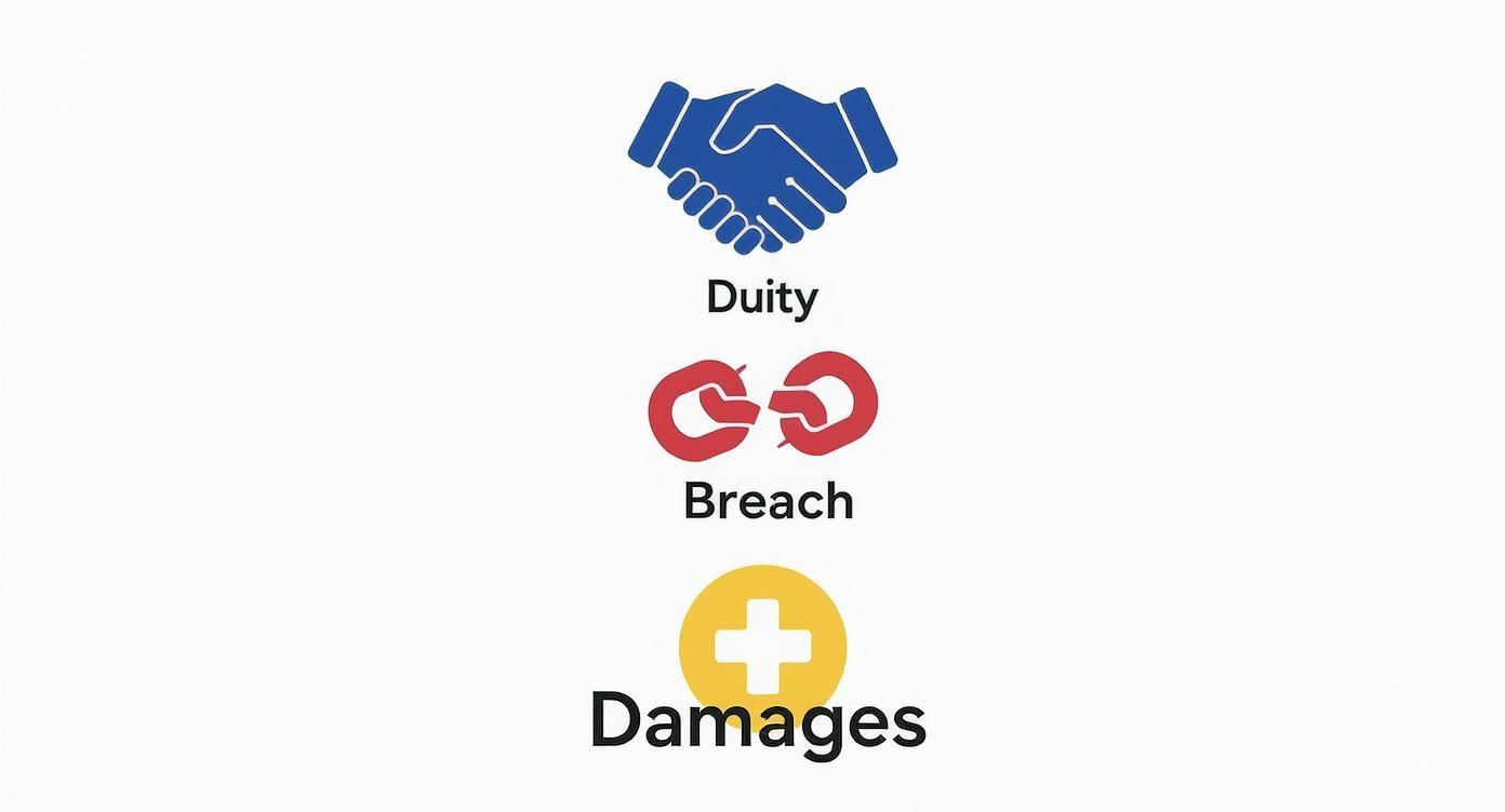 Three icons representing legal concepts: handshake for duty, broken chain for breach, and medical cross for damages