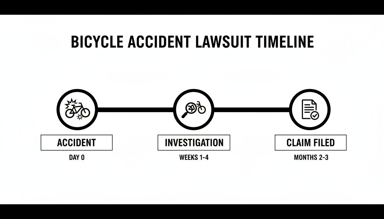 Bicycle accident lawsuit timeline illustrating key stages: Accident, Investigation, and Claim Filed with estimated durations.