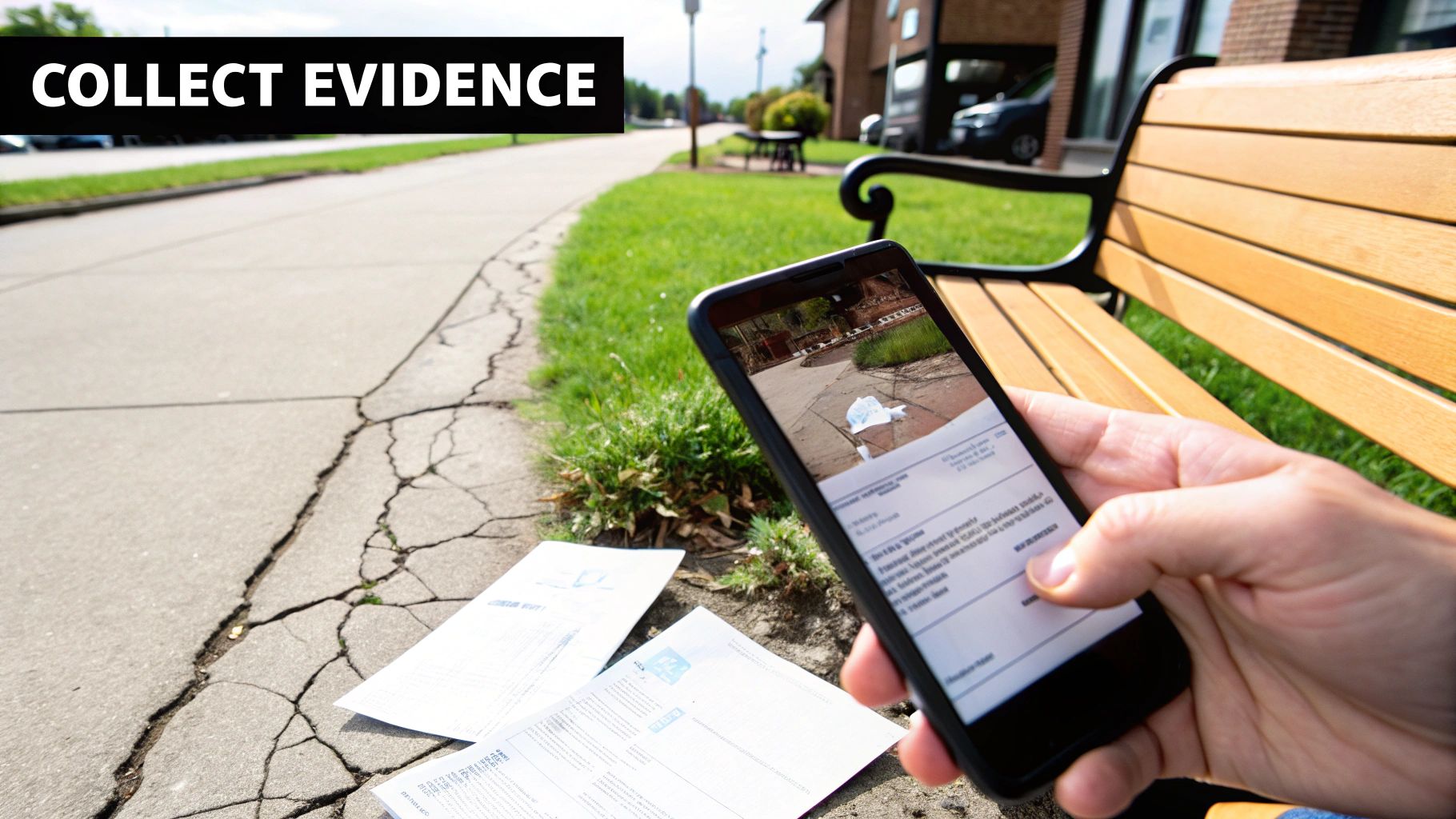 A person uses a smartphone to collect evidence of scattered documents on a cracked sidewalk next to a park bench.