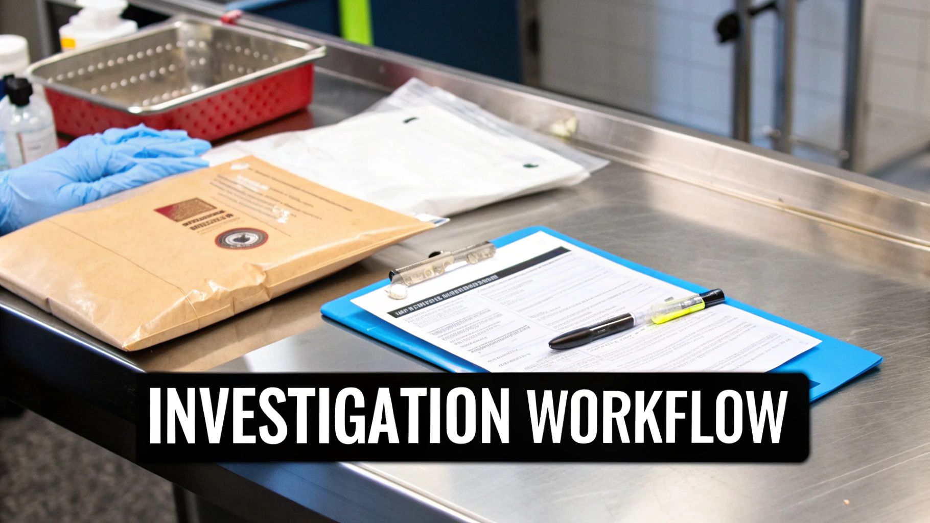 A gloved hand near an evidence bag and clipboard on a stainless steel table, showing an investigation workflow.