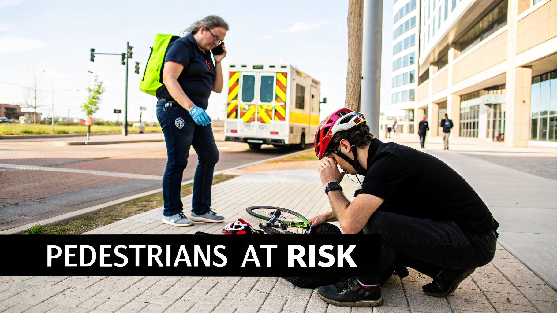 An injured cyclist is attended to by a first responder after an accident near an ambulance.