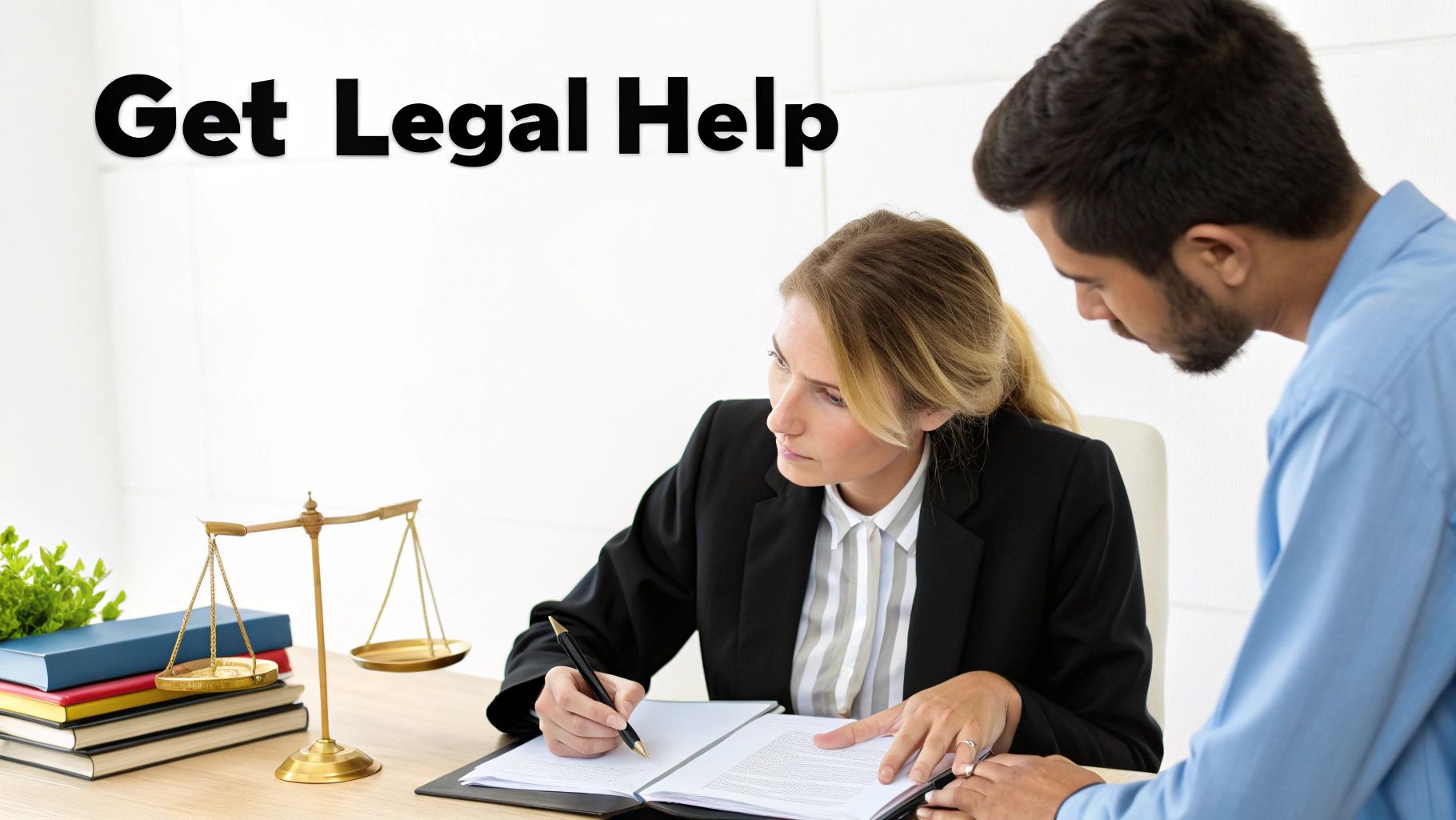 A female lawyer explains legal documents to a male client, with scales and books on the desk.