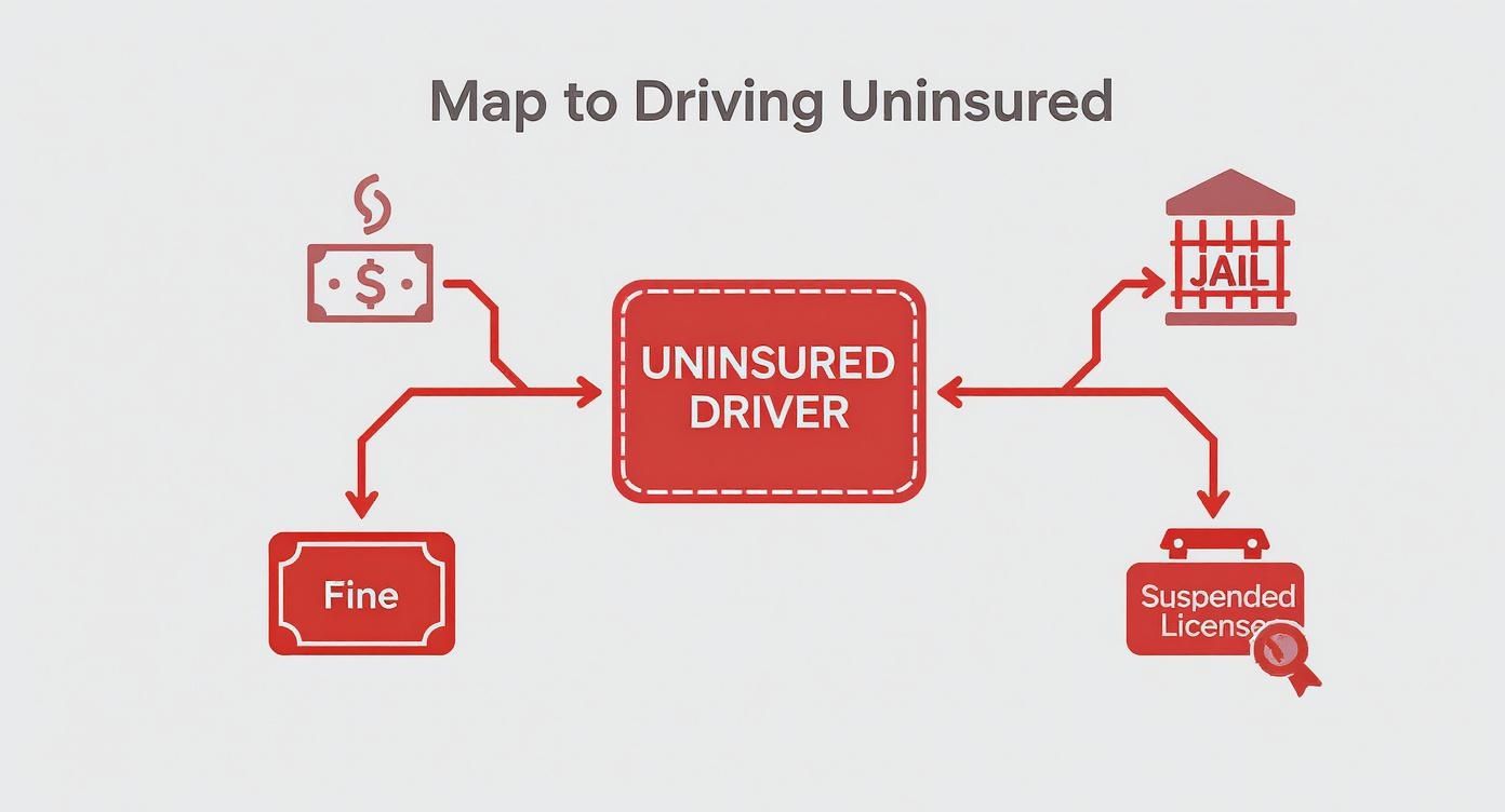 An infographic showing the consequences of driving uninsured in Georgia, including icons for fines, jail, and license suspension.