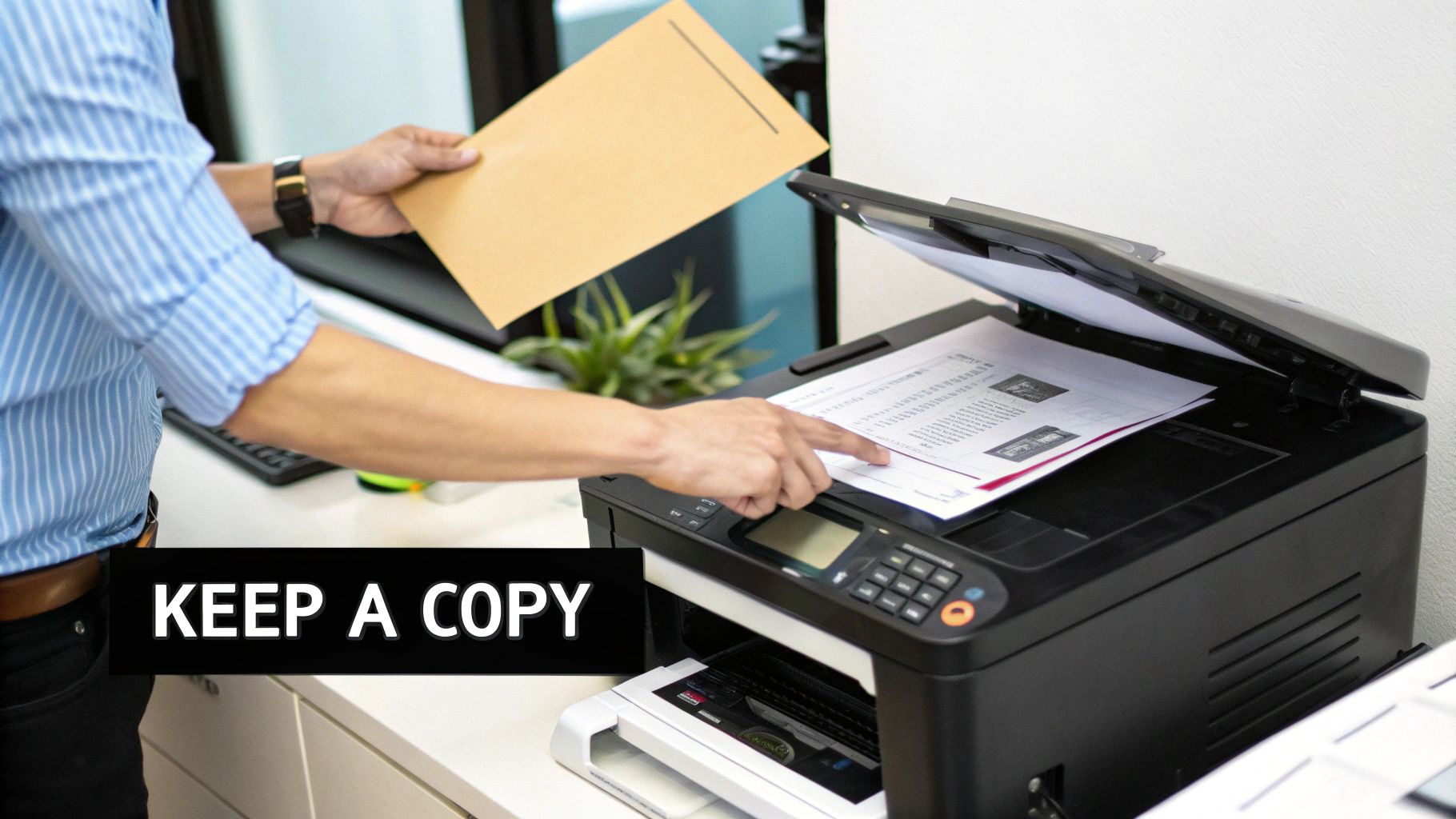 A person makes a copy of a document on a black multifunction printer, holding an envelope.