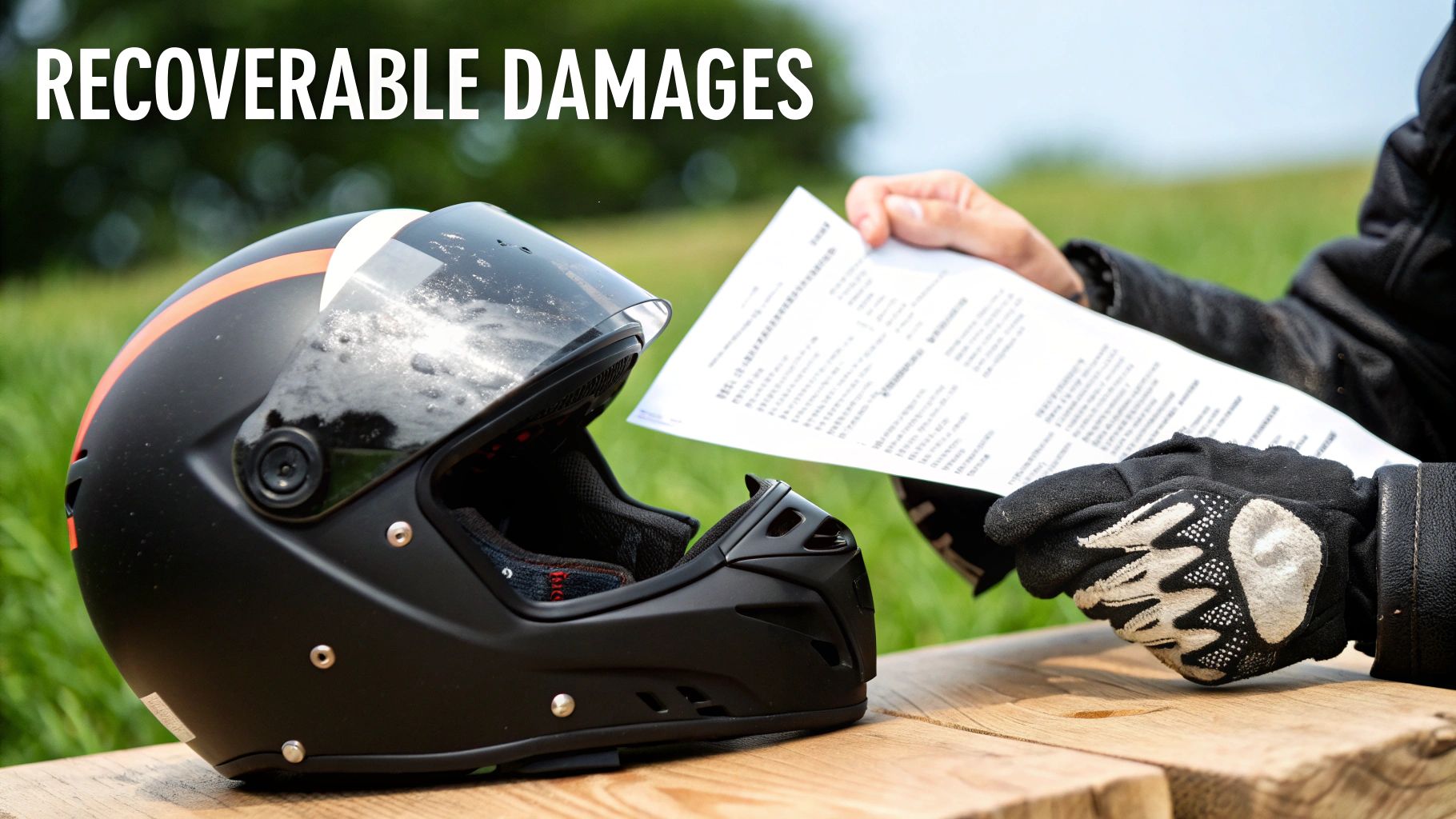 A black motorcycle helmet rests on a wooden surface as a person reviews legal documents outdoors.