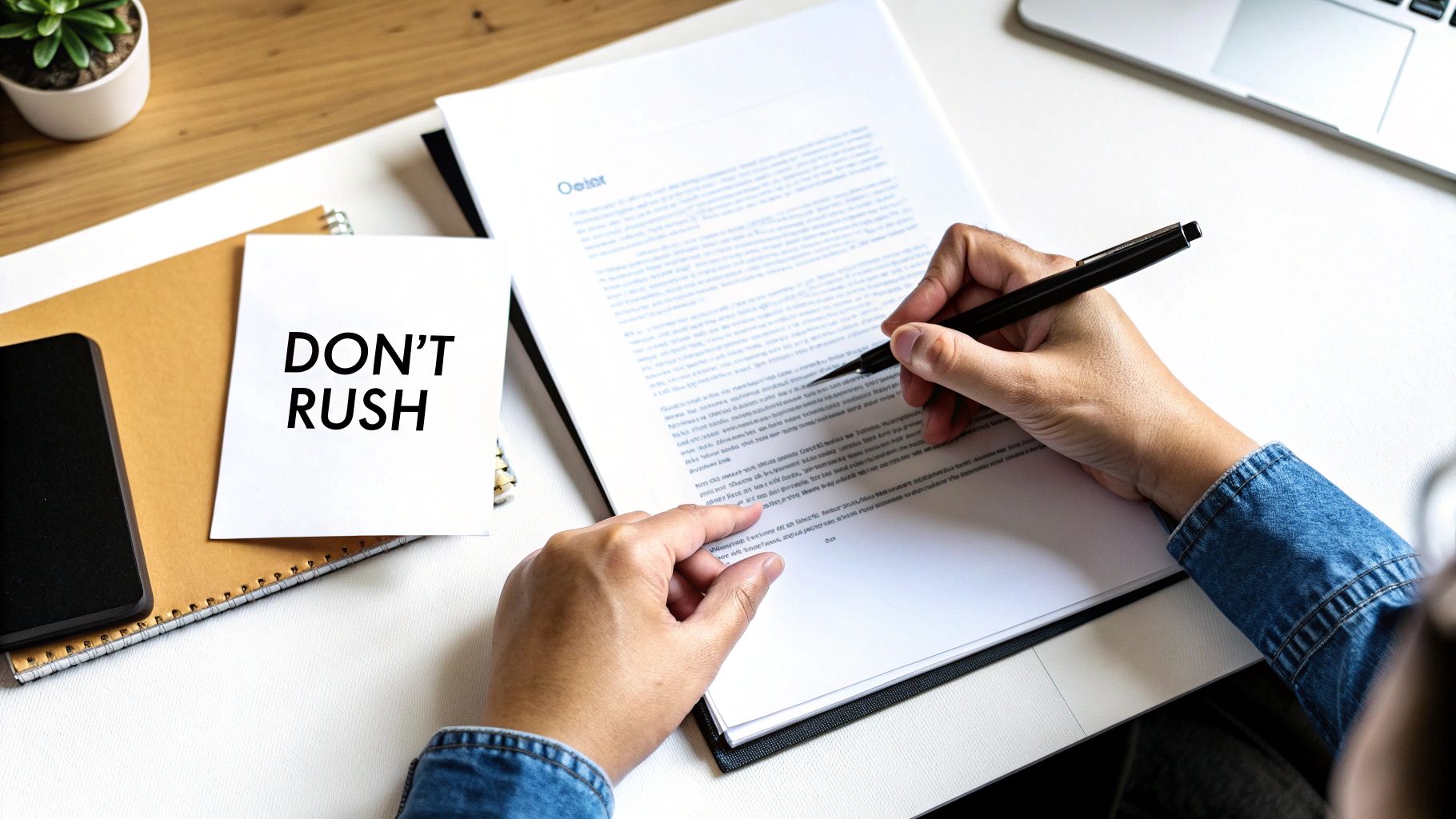 Overhead view of a person writing on a document on a white desk with a 'DON'T RUSH' note.