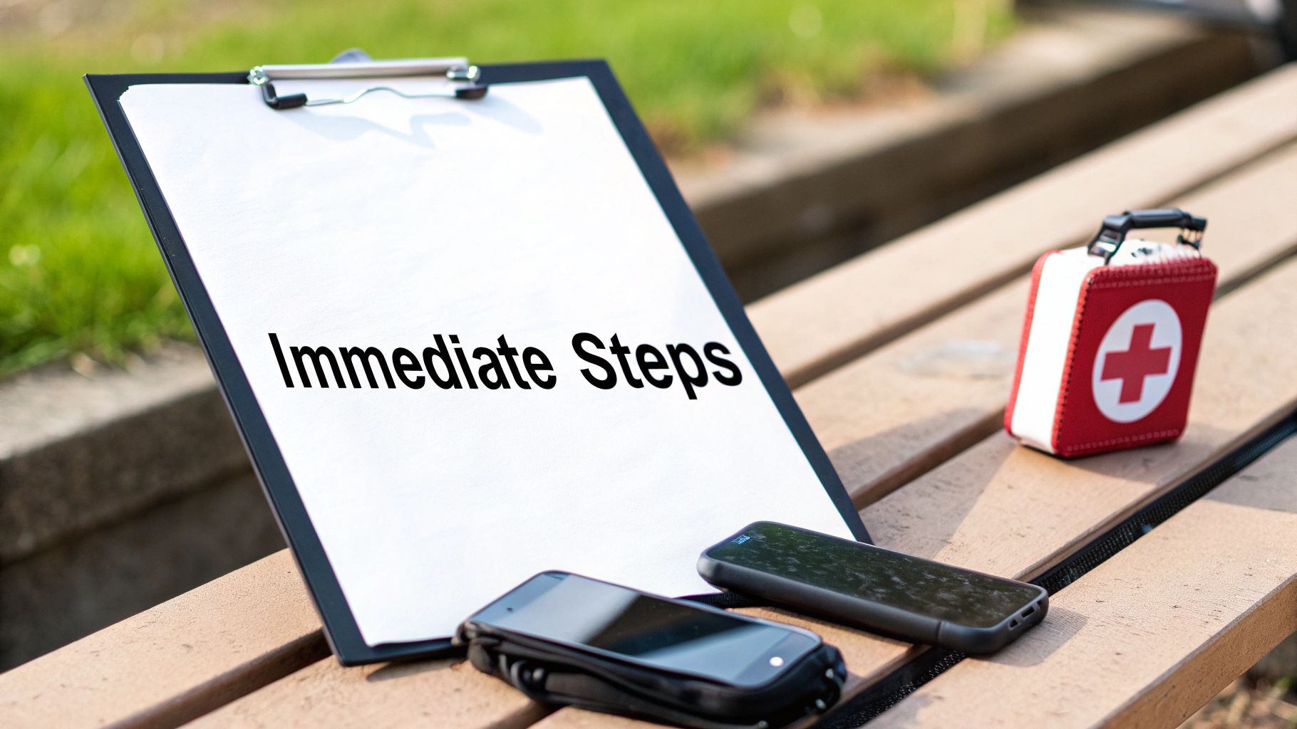 A clipboard with 'Immediate Steps' text, a first aid kit, and smartphones on a wooden bench.