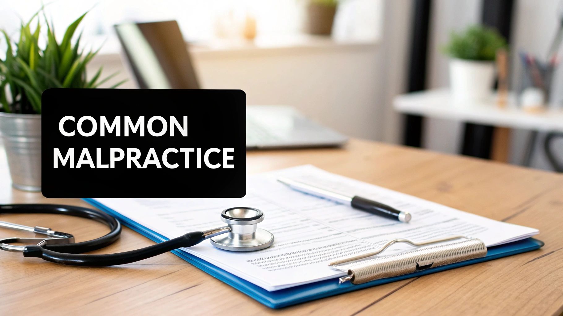A desk with a sign displaying 'COMMON MALPRACTICE' alongside a stethoscope, pen, and documents.