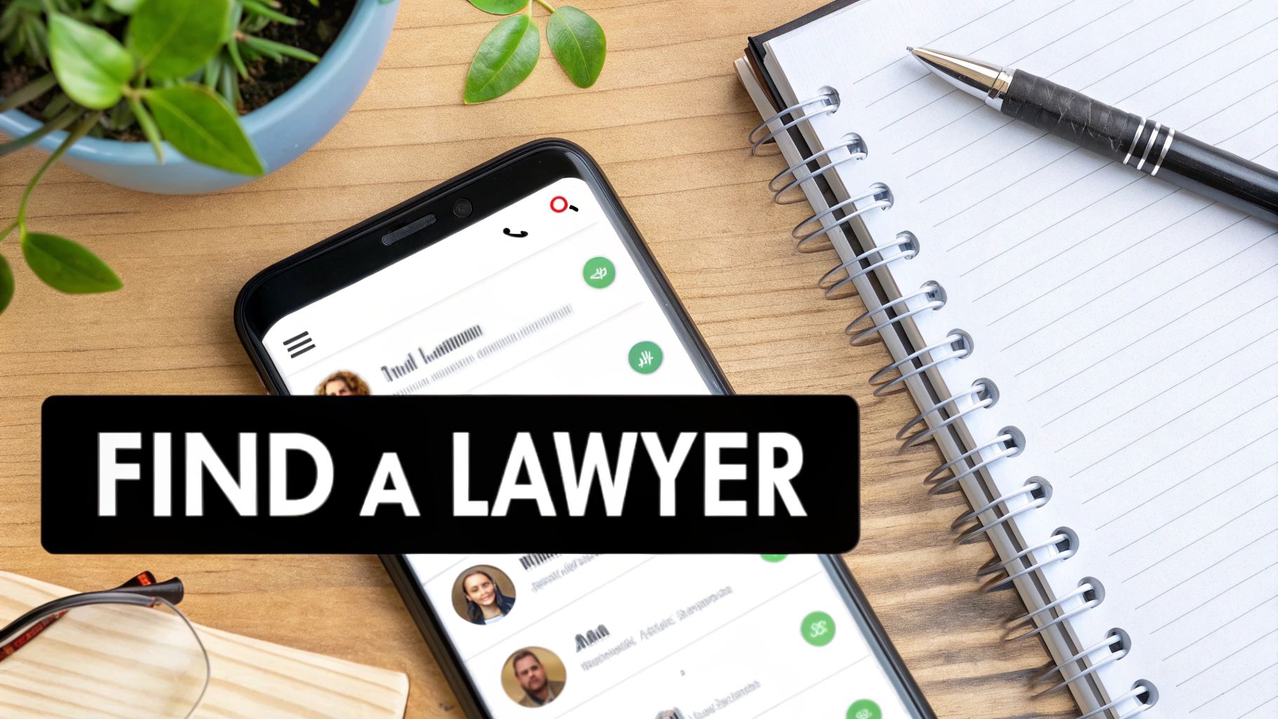A smartphone displaying a 'Find a Lawyer' app interface, with a notepad and pen on a wooden desk.