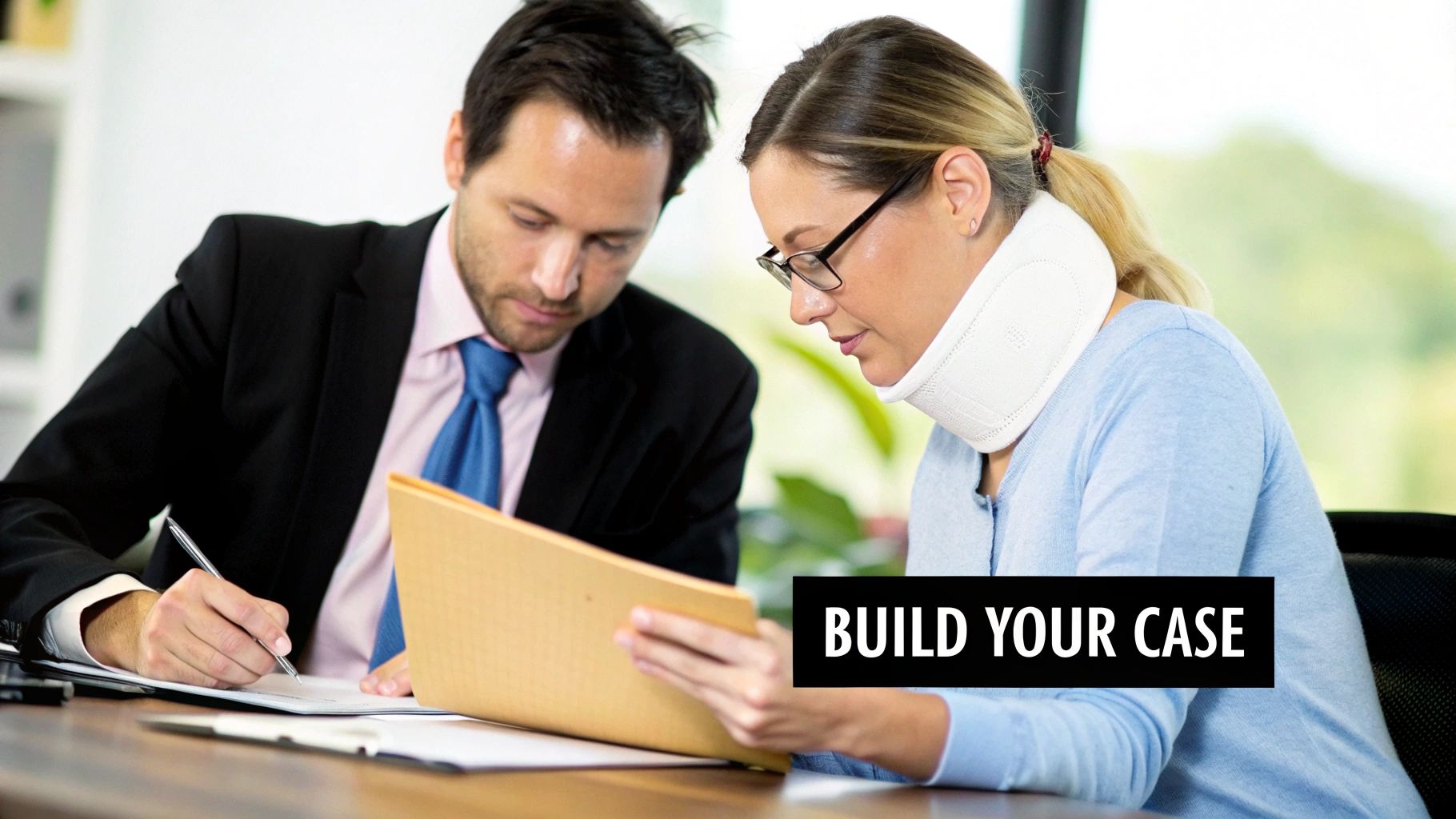 A lawyer and client reviewing evidence documents at a desk to build their case.