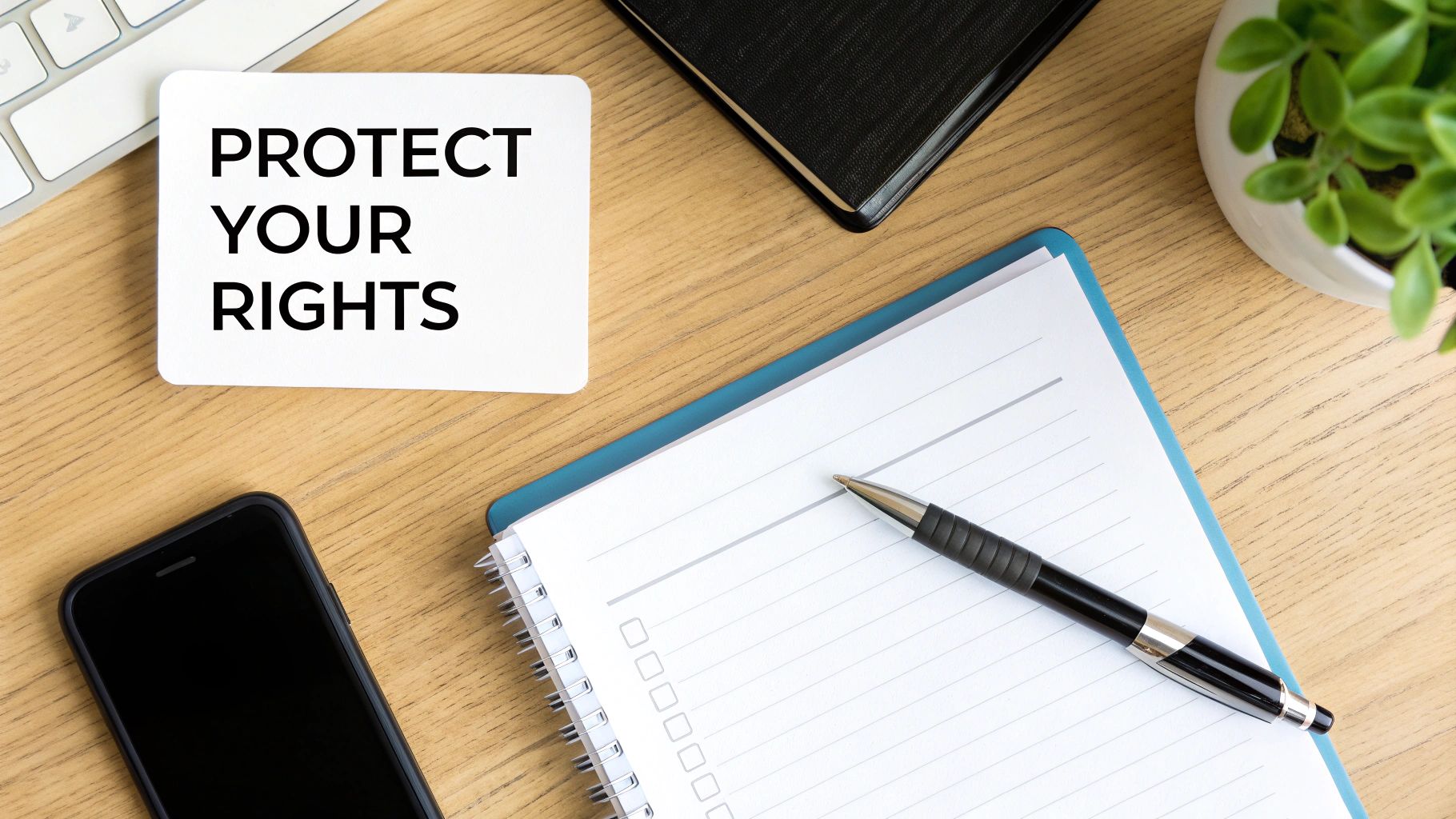 Flat lay of a desk with a card saying 'PROTECT YOUR RIGHTS', a smartphone, notebook, pen, and a plant.